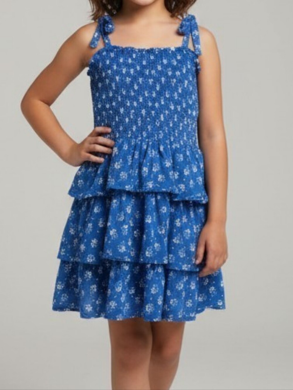 The Children's Place Royal Blue Smocked Tiered Floral Dress with Tie Straps